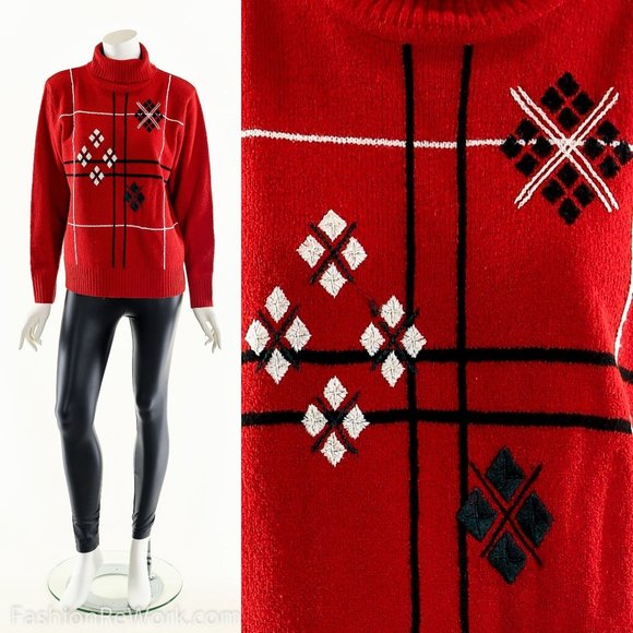 Argyle Red Turtleneck Sweater - Picture 1 of 9